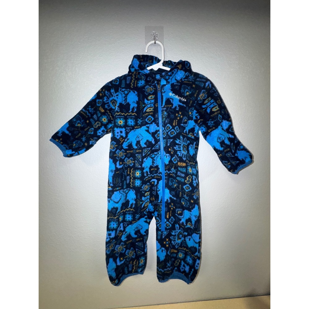 Columbia Infant Fleece Bunting Blue Bear Wolf Aztec Print Hooded Romper 6-12M